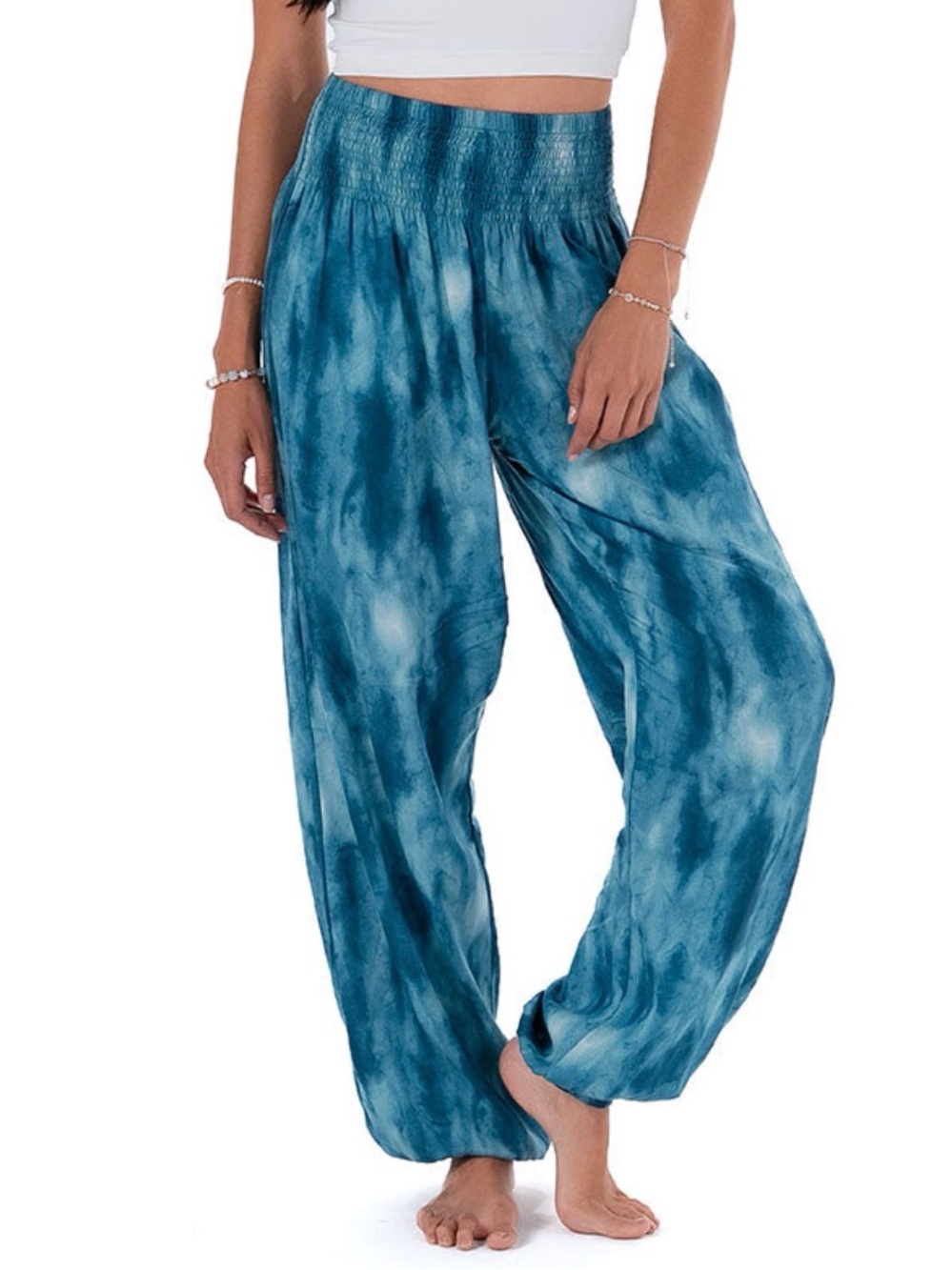 NWT Lotus and Luna Turquoise Tide Blue Tie-Dye Harem Smocked Waist Relaxed Pants